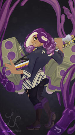 Painting style (Splatoon brushes), fullbody, Pattern + gradient background, weapons